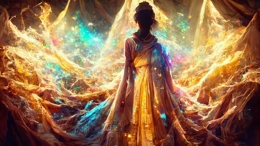 full body portrait of magical goddess, sacred hall background, purity, photorealistic, octane render, cinematic, Rays of Shimmering Light, perfection --wallpaper --stylize 2500 --quality 1 --seed 28070