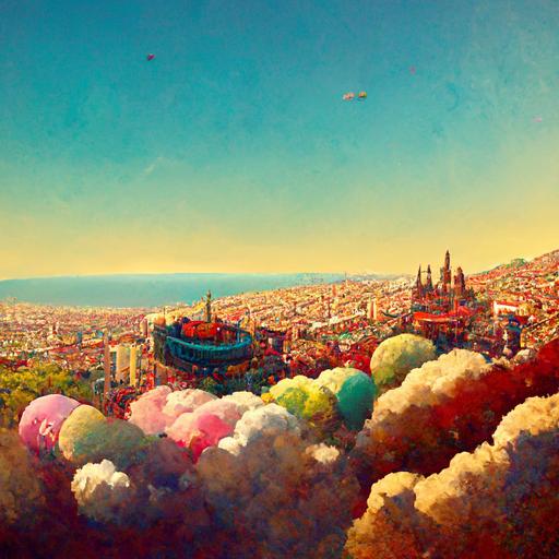 Barcelona, view from above, blimp in the colorful skies, isometric, sunny day, beautiful, insane details --q 2