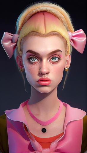 Photoreal Young-Adult Woman Helga from Hey Arnold! Wearing 90s haute couture, her unique features and heavy eyebrows enhanced by dramatic make-up and fashion lighting, her iconic pink bow and long angular pigtails, Paris runway --upbeta --seed 5434492 --ar 9:16 --v 4