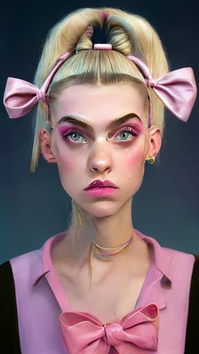 Photoreal Young-Adult Woman Helga from Hey Arnold! Wearing 90s haute couture, her unique features and heavy eyebrows enhanced by dramatic make-up and fashion lighting, her iconic pink bow and long angular pigtails, Paris runway --upbeta --seed 5434492 --ar 9:16 --v 4