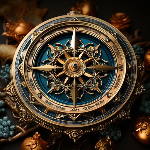antique compass rose with intricate greebles in gold and indigo gradient :: chiaroscuro, incredibly realistic trompe l'oeil, photoreal, crystal-clear-focus --s 750
