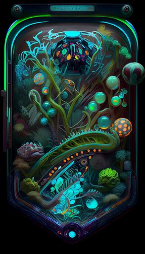 organic pinball machine, playfield bioluminescent flora, branchy flippers and chutes, berry pinballs, coiled snake plunger glowing bug bumbers, lunarpunk --upbeta --seed 5434492 --ar 9:16
