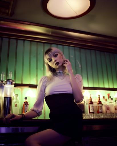 Barmaid cosplay, gorgeous woman, scandalous pose, cheeky, flirtatious: Wearing a short pleated skirt, low cut white shirt, an incredibly detailed photograph. Shot on a Hasselblad medium format camera. Unmistakable to a photograph. Iridescent eyes. Cinematic lighting.Photography by Tim Walker, trending on 500px --ar 4:5 --v 5.1 --style raw