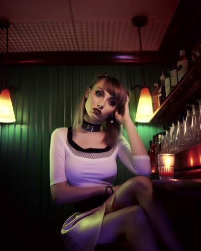 Barmaid cosplay, gorgeous woman, scandalous pose, cheeky, flirtatious: Wearing a short pleated skirt, low cut white shirt, an incredibly detailed photograph. Shot on a Hasselblad medium format camera. Unmistakable to a photograph. Iridescent eyes. Cinematic lighting.Photography by Tim Walker, trending on 500px --ar 4:5 --v 5.1 --style raw