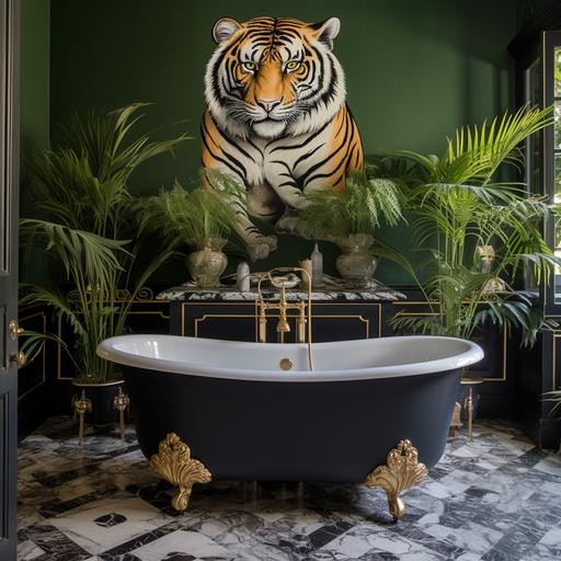 Baroque bathroom with a black and white bathtub, green palm tree wallpaper and a large tiger figure. double sink with a wooden furniture
