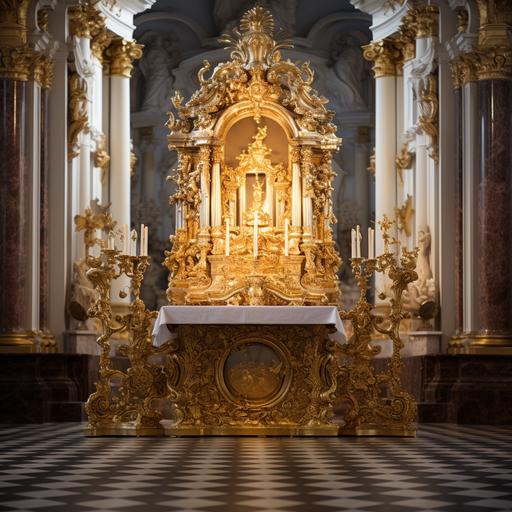 Baroque church altar made of gold-plated wood, with wooden images referring to the Eucharist, the altar is bordered by lighted candles on embossed silver candlesticks
