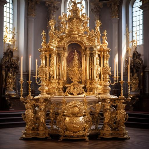 Baroque church altar made of gold-plated wood, with wooden images referring to the Eucharist, the altar is bordered by lighted candles on embossed silver candlesticks