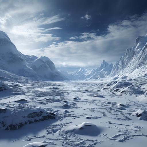 Barren wasteland under glacial embrace::4 Silent snow blankets desolate terrain::3 Lawless expanse devoid of civilization::2 Icy solitude, absence of wildlife::1 --s 250