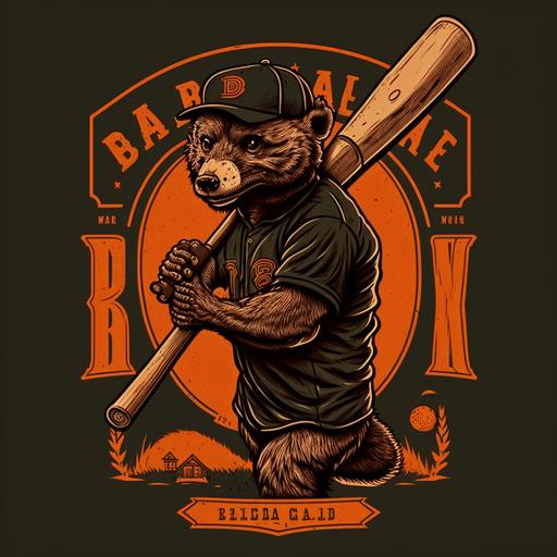Baseball club crest, Beaver baseball player standing at batt in a baseball field, a baseball bat in hand with bitemarks, scars, black and orange shirt and base cap