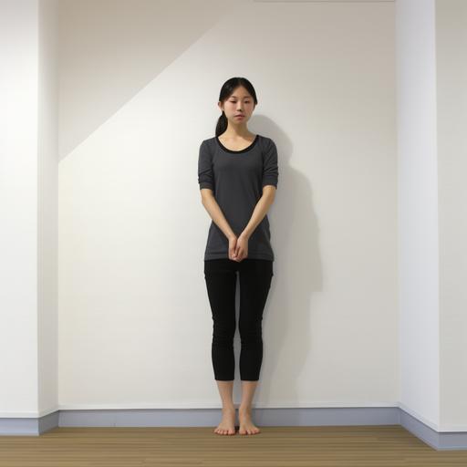 Based on this image, a photo of a beautiful Japanese woman. She is standing facing this direction, wearing short black pants that reach to her knees. She is barefoot from the knees down, not wearing shoes. The wall is white, and the floor is covered with a light grey carpet. --v 5.2