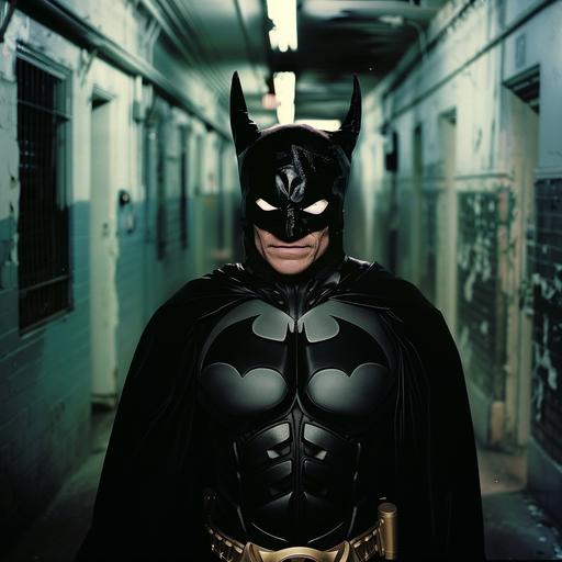Batman as a Byronic Hero in a black devil masked vigilante costume at night in an asylum, Bojan Bazelli style cinematography. denis villeneuve style, cinematic --style raw --v 6.0
