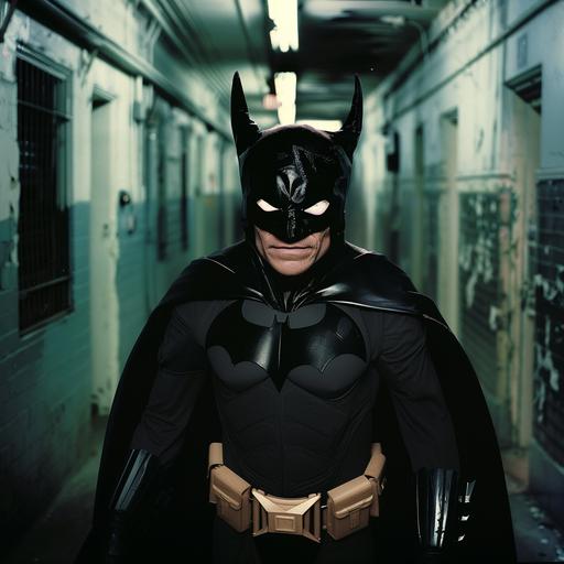 Batman as a Byronic Hero in a black devil masked vigilante costume at night in an asylum, Bojan Bazelli style cinematography. denis villeneuve style, cinematic --style raw --v 6.0