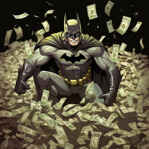 Batman doing a money spread, hundred dollar bills, Cartoon, animated in the style of teen titans