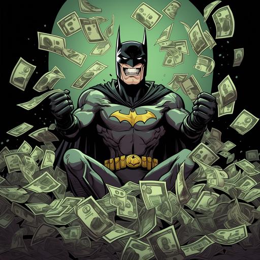 Batman doing a money spread, hundred dollar bills, Cartoon, animated in the style of teen titans