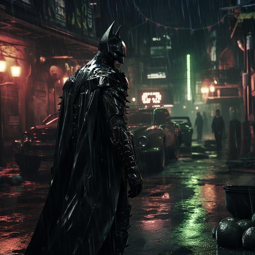 Batman in the runepunk style, photorealistic with volumetric lighting and cinematic lighting, Batman is in a back alley surrounded by rain and wet puddles with green neon signs everywhere