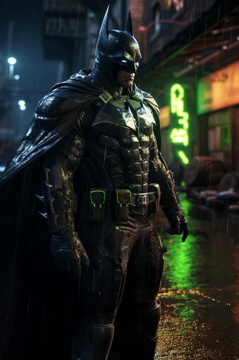 Batman in the runepunk style, photorealistic with volumetric lighting and cinematic lighting, Batman is in a back alley surrounded by rain and wet puddles with green neon signs everywhere