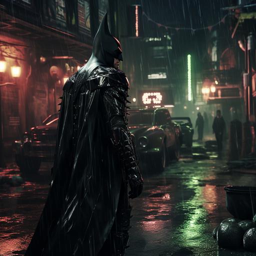 Batman in the runepunk style, photorealistic with volumetric lighting and cinematic lighting, Batman is in a back alley surrounded by rain and wet puddles with green neon signs everywhere