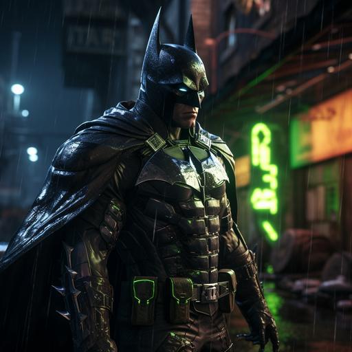 Batman in the runepunk style, photorealistic with volumetric lighting and cinematic lighting, Batman is in a back alley surrounded by rain and wet puddles with green neon signs everywhere