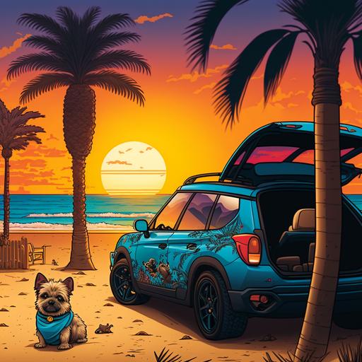 Beach with palm trees and sunset, blue mazda demio and yorkshire terrier