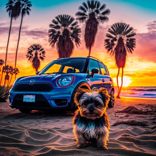 Beach with palm trees and sunset, blue mazda demio and yorkshire terrier