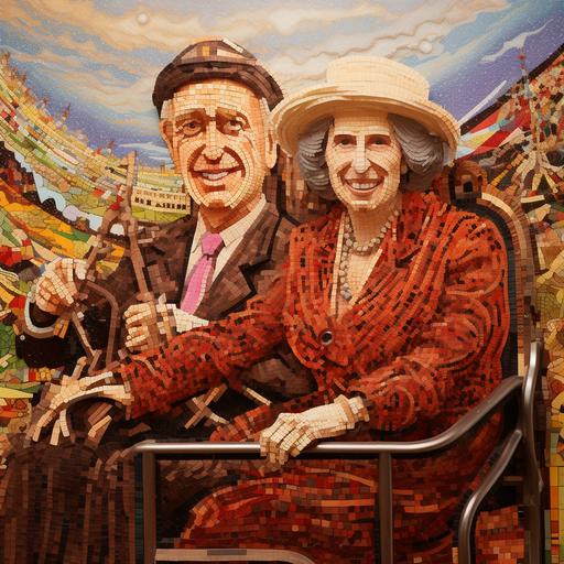 Bean mosaic portrait of King Charles III and his wife Camilla on a roller coaster.