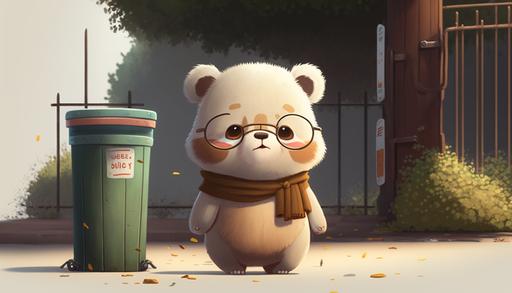 , Bear, cartoon, litter, trash can, street, tree, fence, seat, clear details, Miyazaki Hayao, 4k, lovely, --ar 16:9 --q 4