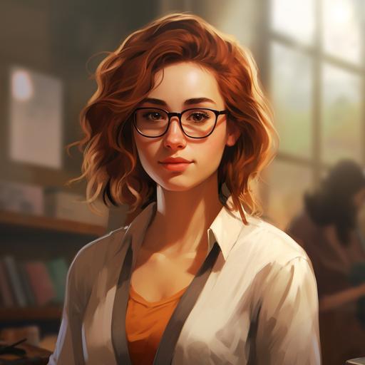 female character, confident, smug smirk, cat-eye glasses, professor, realistic, craft fair as background
