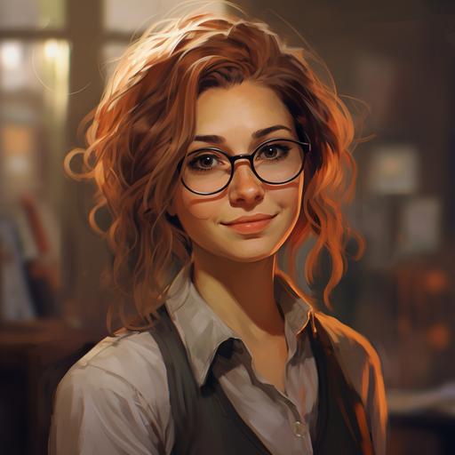 female character, middle aged, confident, smug smirk, cat-eye glasses, professor, realistic, craft fair as background