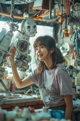 Beautiful Japanese girl seated in front of table, plus-size, with well-defined body, berry short cut, light purple T-shirt, holding 1/35th scale spacecraft in process of assembly in left hand, looking high up, mouth open happily, holding airbrush in right hand, room for making models, models all over, front view with super wide angle lens --ar 2:3 --s 250 --v 6.0 --style raw