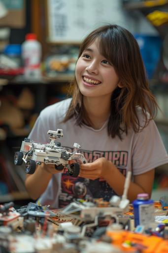 Beautiful Japanese girl sitting at table, plus-size with well-defined body, berry short cut, light purple T-shirt, holding 1/35th scale planetary rover in process of assembly in left hand, looking high up, mouth open happily, holding airbrush in right hand, room for making models, models all over Room for making models, full of models, front view with super wide angle lens --ar 2:3 --s 250 --v 6.0 --style raw