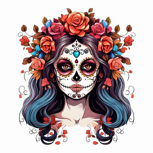 Beautiful Sugar Skull Girl & Flower Wreath, cartoon style, high contrast, white background,--no shading