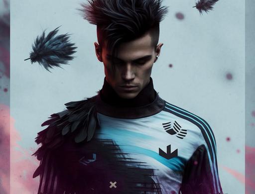 Beautiful and angelic 23 year old French visual kei male model wears this soccer jersey::3  style of Zdzisław Beksiński  medium attractive hairstyle::3   modern   i800, f4,1/30, 8k, FullHD realistic:: 1 --v 4 --s 900 --ar 4:3