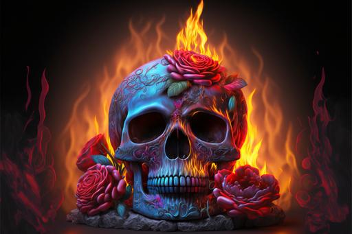 , Beautiful and colorful human female skull WITH FLAMES IN EYES, [ FACING LEFT ], sitting on a black refective surface, SURROUNDED BY ROSES AND [BONES] AND BLACK GOTHIC CANDLE HOLDER ON BOTH THE RIGHT AND LEFT SIDE OF THE SKULL, ENTIRE BACKGROUND FILLED WITH FLAMES, FIRE ,Reds, Yellows, Blues, Purples, intricate designs, volumetric lighting, very sharp image, F16, HD, Pin Sharp, High quality Photograph. Ultra Realistic, 85mm lens, uhd, photorealistic finish, ultra-realistic, hyper realistic, cinematic, hyperdetailed, 4K, --ar 3:2 --s 600 --v 4