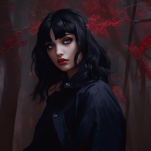 Beautiful anime school girl with black hair and dark blue eyes, surreal, anime style affliction, red sakura forest aesthetic