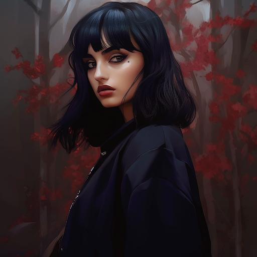 Beautiful anime school girl with black hair and dark blue eyes, surreal, anime style affliction, red sakura forest aesthetic