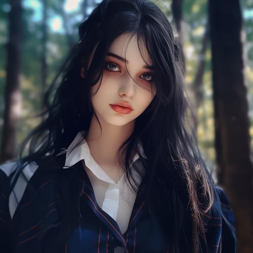 Beautiful anime school girl with black hair and dark blue eyes, surreal, anime style affliction