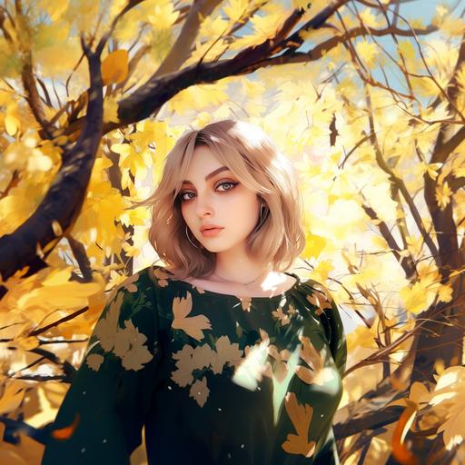 Beautiful anime school girl with blond hair and green eyes, surreal, anime style affliction, yellow sakura forest aesthetic