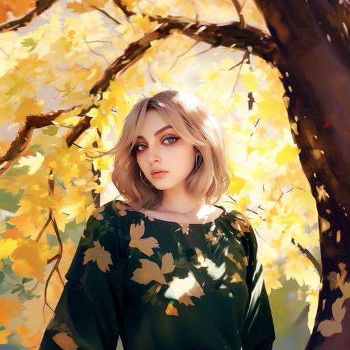 Beautiful anime school girl with blond hair and green eyes, surreal, anime style affliction, yellow sakura forest aesthetic