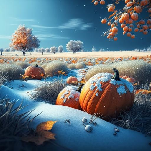 Beautiful autumn scene with field of pumpkins on the grass and bright sky for Halloween. Festive scenery season with crop harvest on rural farm wallpaper picture. But the scene is dusted with december snows. size 16:9. 4k, 8k --v 4