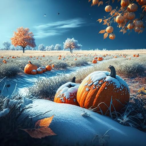 Beautiful autumn scene with field of pumpkins on the grass and bright sky for Halloween. Festive scenery season with crop harvest on rural farm wallpaper picture. But the scene is dusted with december snows. size 16:9. 4k, 8k --v 4