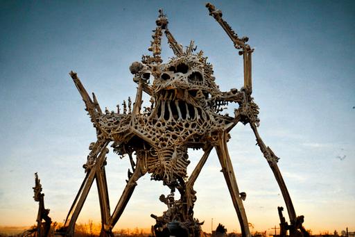Beautiful batallion of ravenous gargantuan hyperdetailed realistic rampaging terrifying isometric kinetic sculpture skeleton strandbeest rearing back and bearing down on the camera with cavernous fanged yawning maw, engulfed in samhain burning flames made of finely-detailed articulated human skeletons, realistic rapidograph lava photography built with superb craftsmanship out of human bones by theo jansen, crepuscular cavern photograph with daemonic god-rays --ar 13:9