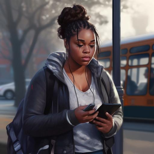 Beautiful black chubby teen girl, texting on cell phone, standing at bus stop. photorealistic style, In the background is urban highschool, high quality, unique, super detail, 8K