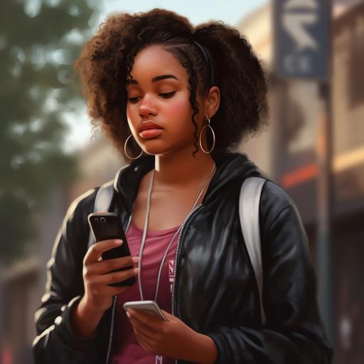 Beautiful black chubby teen girl, texting on cell phone, standing at bus stop. photorealistic style, In the background is urban highschool, high quality, unique, super detail, 8K