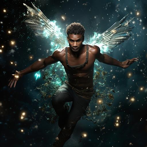 Beautiful black male fairy flying away, magical, sparklin