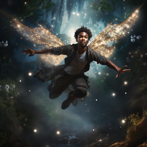 Beautiful black male fairy flying away, magical, sparklin
