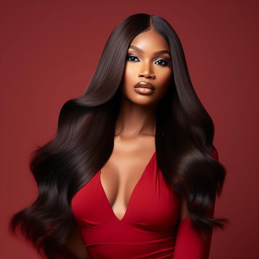Beautiful black woman, wearing long straight cherry red frontal wig, bold glamour makeup, oily glowing skin, solid color background