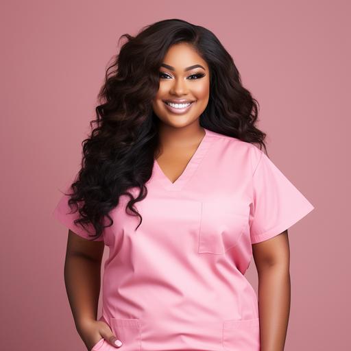 Beautiful brown skin woman plus size model, wearing pink scrubs, overweight plus size body build, long black body wave hair extensions , natural lighting, solid pink background, smiling, high resolution