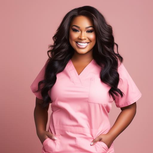 Beautiful brown skin woman plus size model, wearing pink scrubs, overweight plus size body build, long black body wave hair extensions , natural lighting, solid pink background, smiling, high resolution