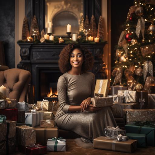 Beautiful brown woman sitting in a wonderfully Christmas decorated living room with a fireplace. Christmas tree gifts and stockings are filled with overflowing Money, stacked dollar bills, and Golden Heels.