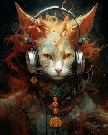 Beautiful cat wearing snail headphones style of yoji shinkawa and Zdzisław Beksiński, lucid vision of visual kei, asterism, feculent discharge, cyanotype, altar of kei madness, draining crimson exsanguination, encaustic, highly detailed and intricate, golden ratio, ornate, breathtaking epic, album cover ancient ominous lightin --ar 4:5